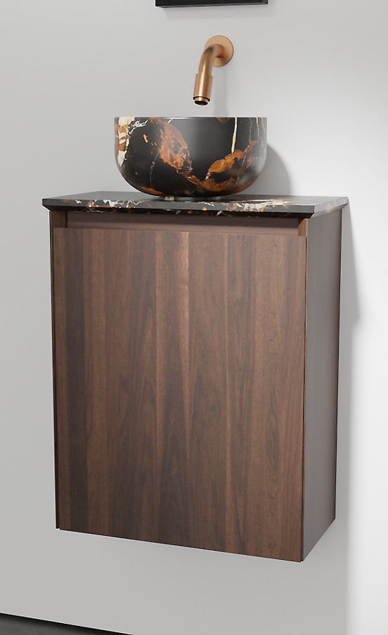Balmani Mitra zwevend toiletmeubel 42 x 21 cm amerikaans notenhout met Facetta wastafelblad en Bowl waskom in Portoro Gold marmer