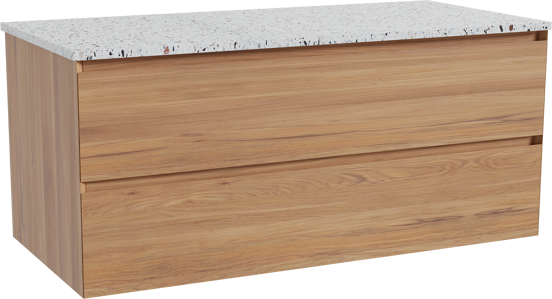 Balmani Mitra zwevend badkamermeubel 120 x 55 cm teak met Stretto enkel of dubbel tablet in mat wit/zwart terrazzo
