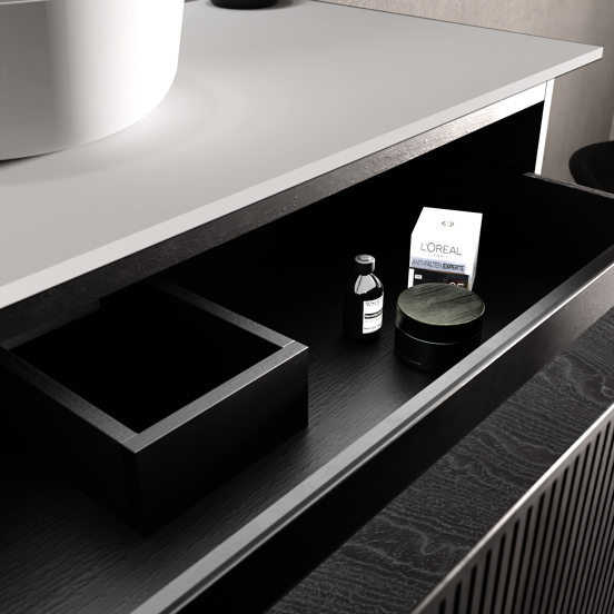 Balmani Forma hängendes Möbelstück Set: 120 x 55 cm, Schwarze Eiche, mit Tablo Arcato Einzelwaschtisch für 2 Armaturenlöcher, Solid Surface, Weiß matt, Vertikale symmetrische gerade Rippe
