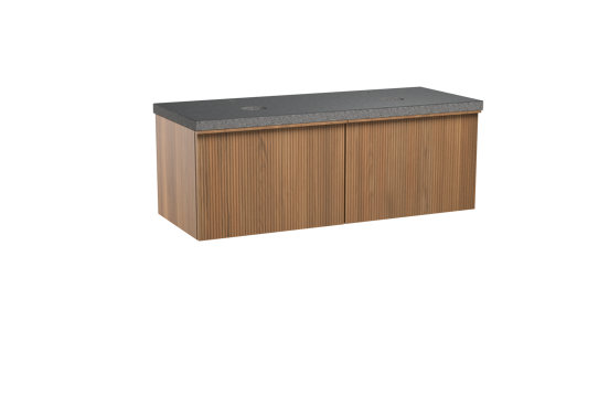 Balmani Forma meuble salle de bains suspendu 135 x 55 cm teck avec Rock tablette double en granit noir, Nervure droite symétrique verticale