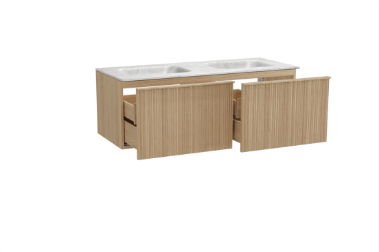 Balmani Forma meuble salle de bains suspendu 135 x 55 cm chêne naturel avec Tablo Arcato double vasque en marbre carrare, Nervure circulaire asymétrique verticale