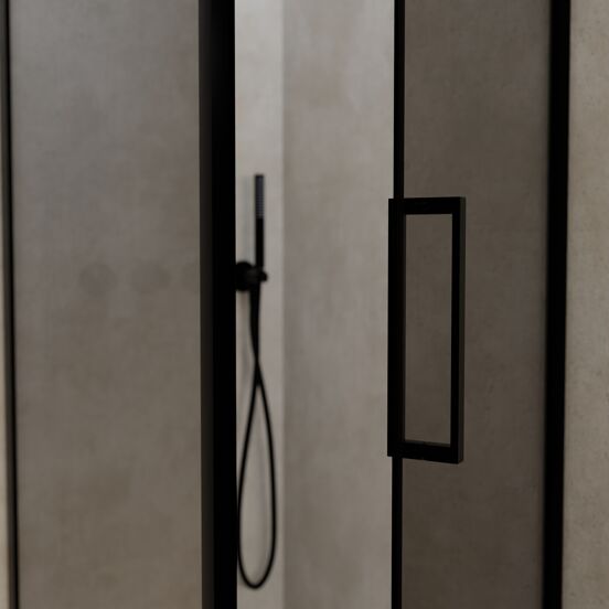 Balmani Senses Design douche en coin avec porte pivotante à droite et paroi latérale fixe, 90 x 90 cm, Miroir Reflex, Profil noir, coating inclus, coating inclus