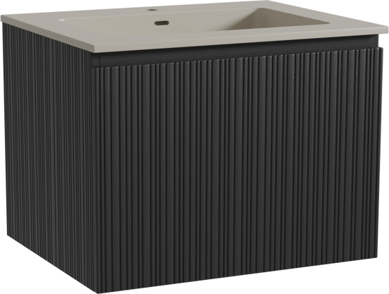Storke Ribs meuble salle de bains suspendu 65 x 52 cm chêne noir avec Diva plan simple en top solid soie grise, Nervure droite asymétrique verticale