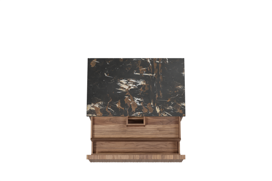 Balmani Forma hängendes Möbelstück Set: 90 x 55 cm, Amerikanischer Nussbaum, mit Stretto Einzel Waschtischplatte, Marmor, Portoro Gold, Vertikale asymmetrische Runde Rippe