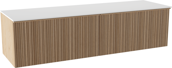Balmani Forma zwevend badkamermeubel 180 x 55 cm natuur eik met Stretto enkel of dubbel tablet in solid surface mat wit, Verticale asymmetrische ronde ribbel