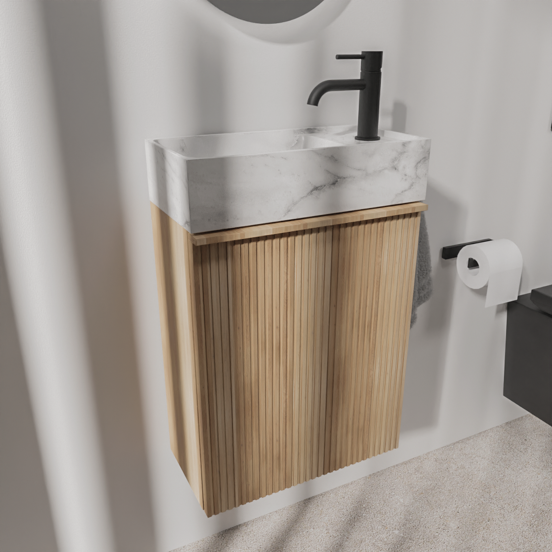 Balmani Forma zwevend toiletmeubel 42 x 21 cm natuur eik met Dama wastafel in Carrara marmer