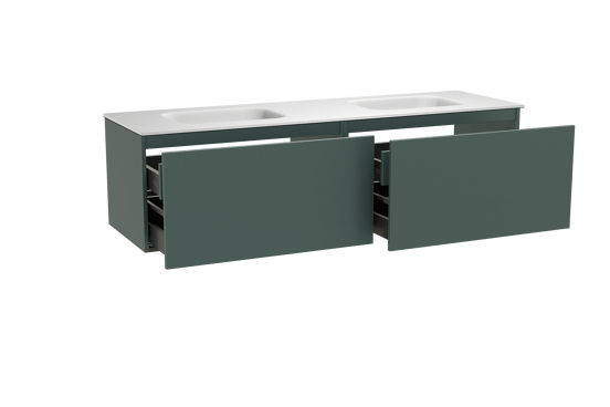 Balmani Sfera zwevend badkamermeubel 180 x 55 cm forest met Tablo Arcato dubbele wastafel in solid surface mat wit