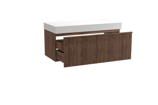 Balmani Forma hängendes Möbelstück Set: 120 x 55 cm, Amerikanischer Nussbaum, mit Dominus Einzel- oder Doppel Waschtischplatte, Solid Surface, Weiß matt, Vertikale symmetrische gerade Rippe