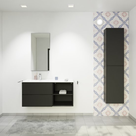 Storke Edge meuble salle de bains suspendu 110 x 52 cm noir mat avec Scuro High plan vasque asymétrique à gauche en quartz noir mat