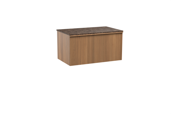 Balmani Forma hängendes Möbelstück Set: 90 x 55 cm, Teak, mit Stretto Einzel Waschtischplatte, Marmor, Dark Emperador, Vertikale symmetrische gerade Rippe