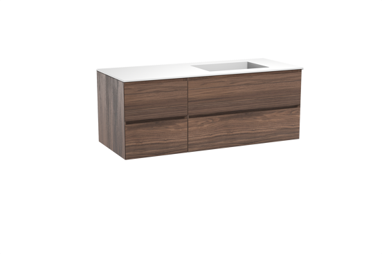 Balmani Mitra hängendes Möbelstück Set: 135 x 55 cm, Nussbaum, mit Tablo Stretto Waschtisch rechts, Solid Surface Weiß matt