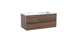 Balmani Mitra zwevend badmeubel 120 x 55 cm notenhout met Tablo Stretto asymmetrisch rechtse wastafel in solid surface mat wit