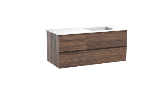 Balmani Mitra zwevend badmeubel 120 x 55 cm notenhout met Tablo Stretto asymmetrisch rechtse wastafel in solid surface mat wit
