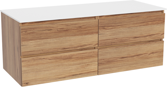 Balmani Lucida hängendes Möbelstück Set: 135 x 55 cm, Teak, mit Stretto Einzel- oder Doppel Waschtischplatte, Solid Surface Weiß matt