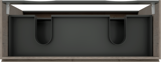 Linie Lado stehender Waschbeckenunterschrank: 120 x 46 cm, graue Eiche, 3 Schubladen, 2 Siphonaussparungen