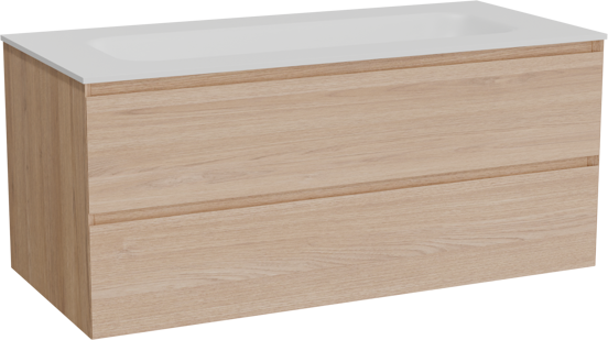 Balmani Mitra meuble salle de bains suspendu 120 x 55 cm chêne naturel avec Tablo Arcato lavabo simple pour 2 trous de robinet en solid surface blanc mat