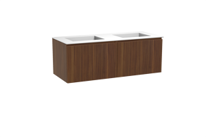 Balmani Sfera hängendes Möbelstück Set: 135 x 55 cm, Amerikanischer Nussbaum, mit Tablo Stretto Doppelwaschtisch, Solid Surface Weiß matt