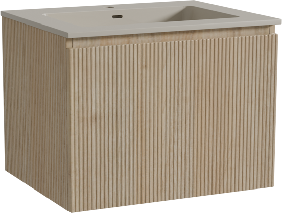 Storke Ribs zwevend badkamermeubel 65 x 52 cm ruwe eik met Diva enkele wastafel in top solid zijdegrijs, Verticale symmetrische rechte ribbel