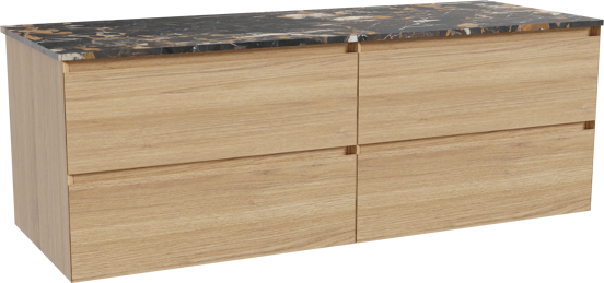 Balmani Mitra zwevend badkamermeubel 150 x 55 cm natuur eik met Stretto enkel of dubbel tablet in marmer portoro gold
