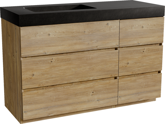 Storke Edge staand badmeubel 130 x 52 cm ruw eiken met Scuro High asymmetrisch linkse wastafel in kwarts mat zwart