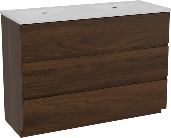 Storke Edge freistehendes Möbelstück Set: 120 x 46 cm, Nussbaum, mit Diva Doppelwaschtisch, Marmorkomposit Weiß glänzend