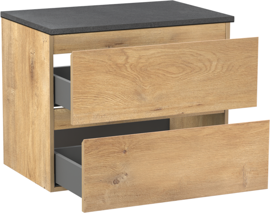 Linie Lado hängendes Möbelstück Set: 70 x 46 cm, Naturbelassene Eiche, mit Lado Einzel Waschtischplatte, Melamin Schiefergrau