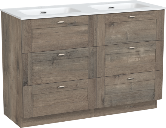 Linie Classo staand badkamermeubel 120 x 46 cm grijze eik met Baro dubbele wastafel in porselein mat wit