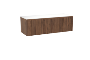 Balmani Fila zwevend badkamermeubel 150 x 55 cm notelaar met Stretto enkel of dubbel tablet in solid surface mat wit, Verticale symmetrische rechte ribbel