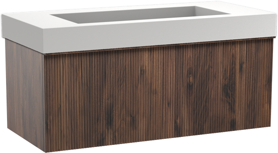 Balmani Forma zwevend badkamermeubel 120 x 55 cm amerikaanse notelaar met Modus enkele wastafel voor 2 kraangaten in solid surface mat wit, Verticale symmetrische rechte ribbel