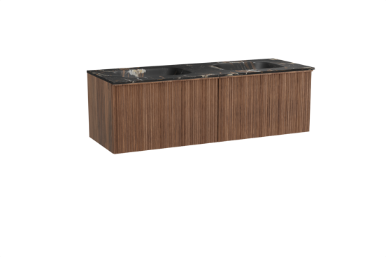 Balmani Forma zwevend badkamermeubel 150 x 55 cm amerikaanse notelaar met Tablo Arcato dubbele wastafel in marmer portoro gold, Verticale asymmetrische ronde ribbel
