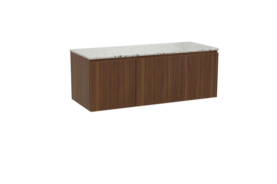 Balmani Sfera hängendes Möbelstück Set: 135 x 55 cm, Amerikanischer Nussbaum, mit Stretto Einzel- oder Doppel Waschtischplatte, Terrazzo in Weiß/Schwarz matt
