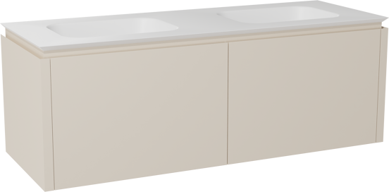 Balmani Eclips zwevend badkamermeubel 150 x 55 cm Sandbeige met Eclips dubbele wastafel in Solid Surface mat wit