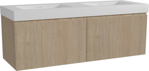Storke Ribs hängendes Möbelstück Set: 150 x 52 cm, Rohe Eiche, mit Mata High Doppelwaschtisch, Solid Surface, Weiß matt, Vertikale symmetrische gerade Rippe