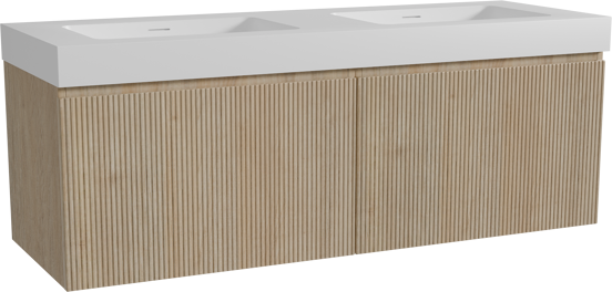 Storke Ribs meuble salle de bains suspendu 150 x 52 cm chêne brut avec Mata High double vasque en solid surface blanc mat, Nervure droite symétrique verticale
