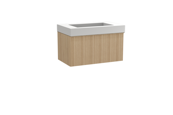 Balmani Forma zwevend badkamermeubel 90 x 55 cm natuur eik met Modus enkele wastafel in solid surface mat wit, Verticale asymmetrische ronde ribbel