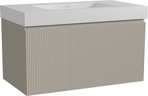 Storke Ribs meuble salle de bains suspendu 95 x 52 cm soie grise avec Mata High plan simple en solid surface blanc mat, Nervure droite symétrique verticale