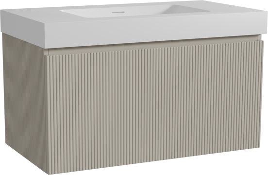 Storke Ribs meuble salle de bains suspendu 95 x 52 cm soie grise avec Mata High plan simple en solid surface blanc mat, Nervure droite symétrique verticale