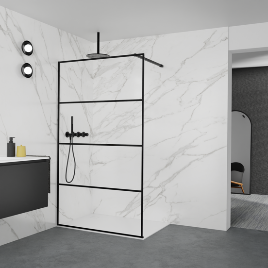 Balmani Modular inloopdouche: 120 x 200 cm, Lined met coating, Mat zwarte profielen