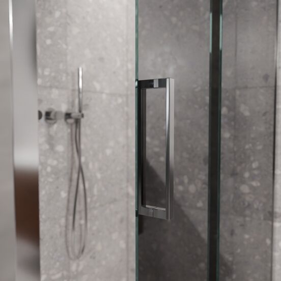 Balmani Senses Design douche en coin avec porte coulissante à droite et paroi latérale fixe, 120 x 90 cm, Miroir Reflex, Profil Chrome brillant, coating inclus