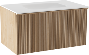 Balmani Forma zwevend badmeubel 90 x 55 cm naturel eiken met Tablo Arcato enkele wastafel in solid surface mat wit, Verticale asymmetrische ronde ribbel