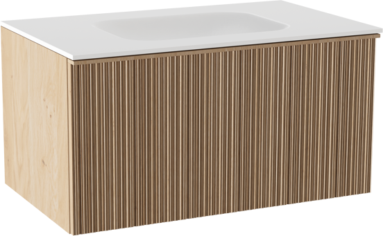 Balmani Forma hängendes Möbelstück Set: 90 x 55 cm, Naturbelassene Eiche, mit Tablo Arcato Einzelwaschtisch, Solid Surface, Weiß matt, Vertikale asymmetrische Runde Rippe
