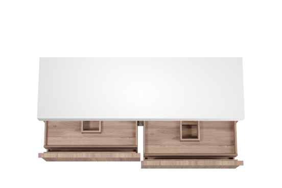 Balmani Forma meuble salle de bains suspendu 180 x 55 cm teck avec Dominus tablette simple ou double en solid surface blanc mat, Nervure droite symétrique verticale
