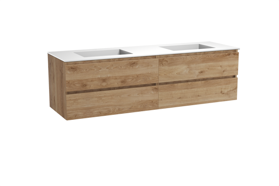 Balmani Lucida zwevend badkamermeubel 180 x 55 cm ruwe eik met Tablo Stretto dubbele wastafel in solid surface mat wit