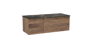Balmani Forma zwevend badkamermeubel 135 x 55 cm amerikaanse notelaar met Stretto enkel of dubbel tablet in marmer portoro gold, Horizontale symmetrische rechte ribbel