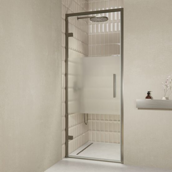 Balmani Senses Design douche draaideur links 90 cm x 210 cm Helder glas met matte strook, Brushed GunMetal profielen, met coating