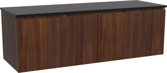 Storke Ribs zwevend badmeubel 150 x 52 cm notenhout met Panton enkel of dubbel wastafelblad in gepoedercoate mdf mat zwart, Verticale symmetrische rechte ribbel