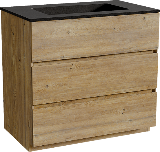 Storke Edge meuble salle de bains à poser 85 x 52 cm chêne brut avec Scuro plan simple en quartz noir mat