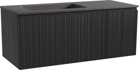 Storke Ribs hängendes Möbelstück Set: 120 x 52 cm, Schwarze Eiche, mit Scuro Waschtisch links, Quarz, Schwarz matt, Vertikale asymmetrische gerade Rippe