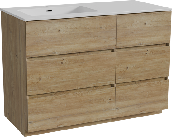 Storke Edge meuble salle de bains à poser 110 x 52 cm chêne brut avec Diva vasque asymétrique gauche en marbre composite blanc brillant