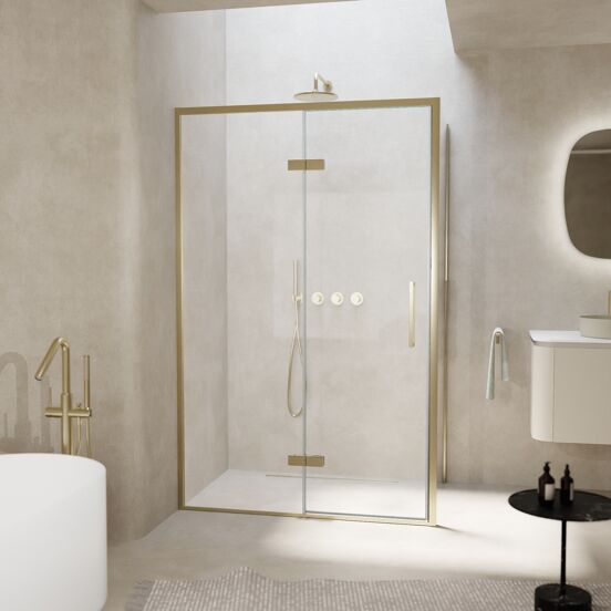 Balmani Senses Design douchehoek met linkse draaideur en vaste zijwand, 120 x 100 cm, Helder glas, Brushed Champagne Gold profielen, met coating